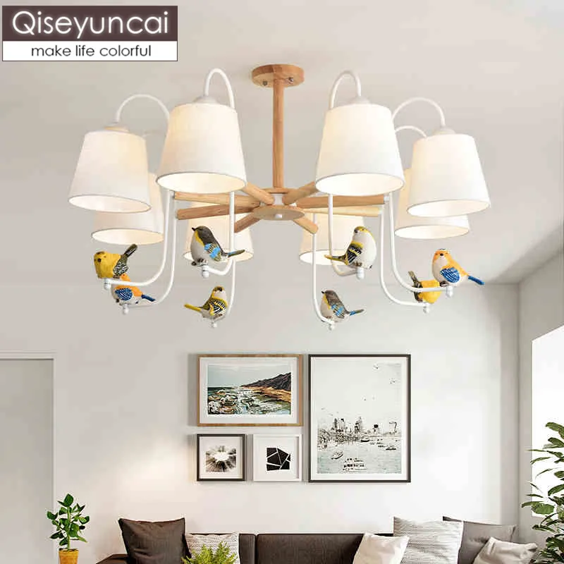 

Qiseyuncai Nordic wood art angel living room chandelier creative simple modern bird bedroom study restaurant lighting