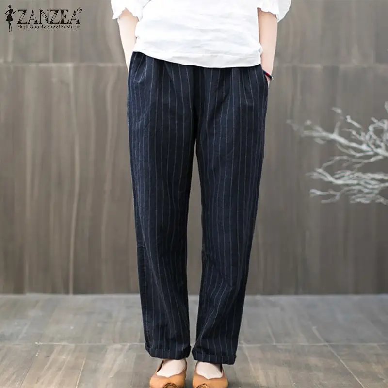 

ZANZEA Women's Pants Casual Elastic Waist Striped Harem Pants Vintage Cotton Linen Trousers Femme Loose Cargo Pantalon Plus Size