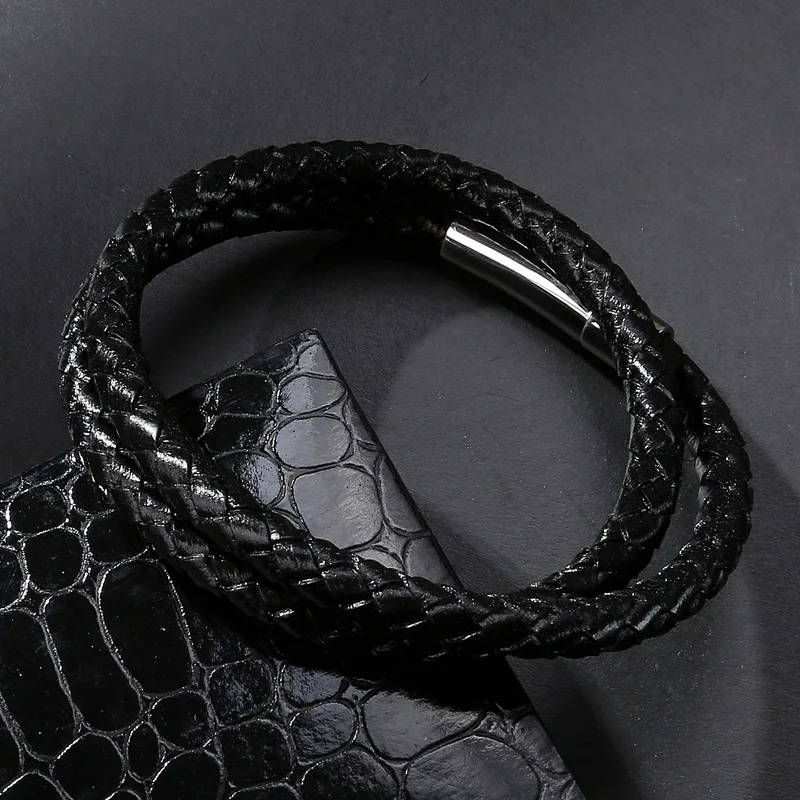 Панк мужские ювелирные изделия черный/коричневый плетеный кожаный браслет нержавеющая сталь Магнитная Застежка модные браслеты пара браслет ювелирные изделия