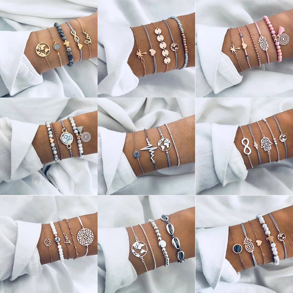 

30 Styles Bohemia Bracelets Set Heart Map Beads Arrow Knot Round Multilayer Adjustable Open Bracelet Women Fashion Party Jewelry