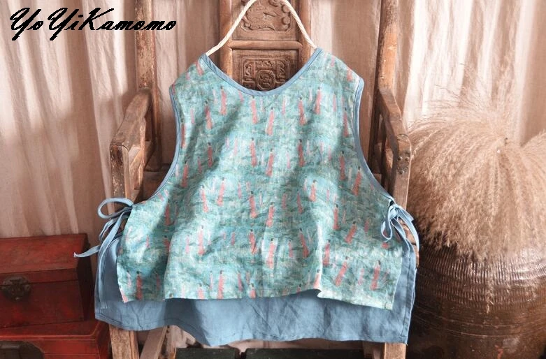 YoYiKamomo рубашка с принтом из хлопка и льна для женщин летние макси летняя Оригинальная блузка без рукавов Винтаж Топы