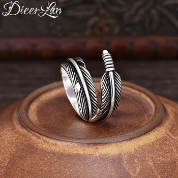 

DIEERLAN Retro Personality 925 Sterling Silver Feather Rings for Women Bohemian Vintage Adjustable Antique Ring Anillos
