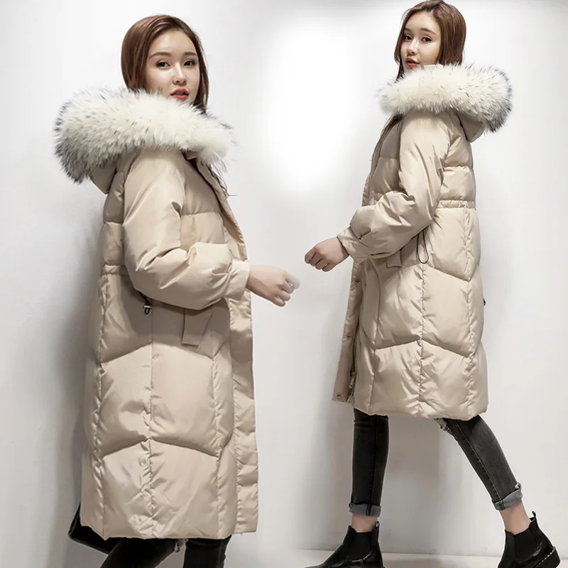 

KMETRAM Winter Duck Down Jacket Women Real Raccoon Fur Collar Hooded Coat Female Loose Thick Warm Parka Vintage Long Coats MY596