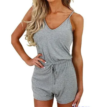 

Fashion Summer Women Playsuits Solid Color Sling Casual Sleeveless V-neck Lady Playsuits Clothing For Female