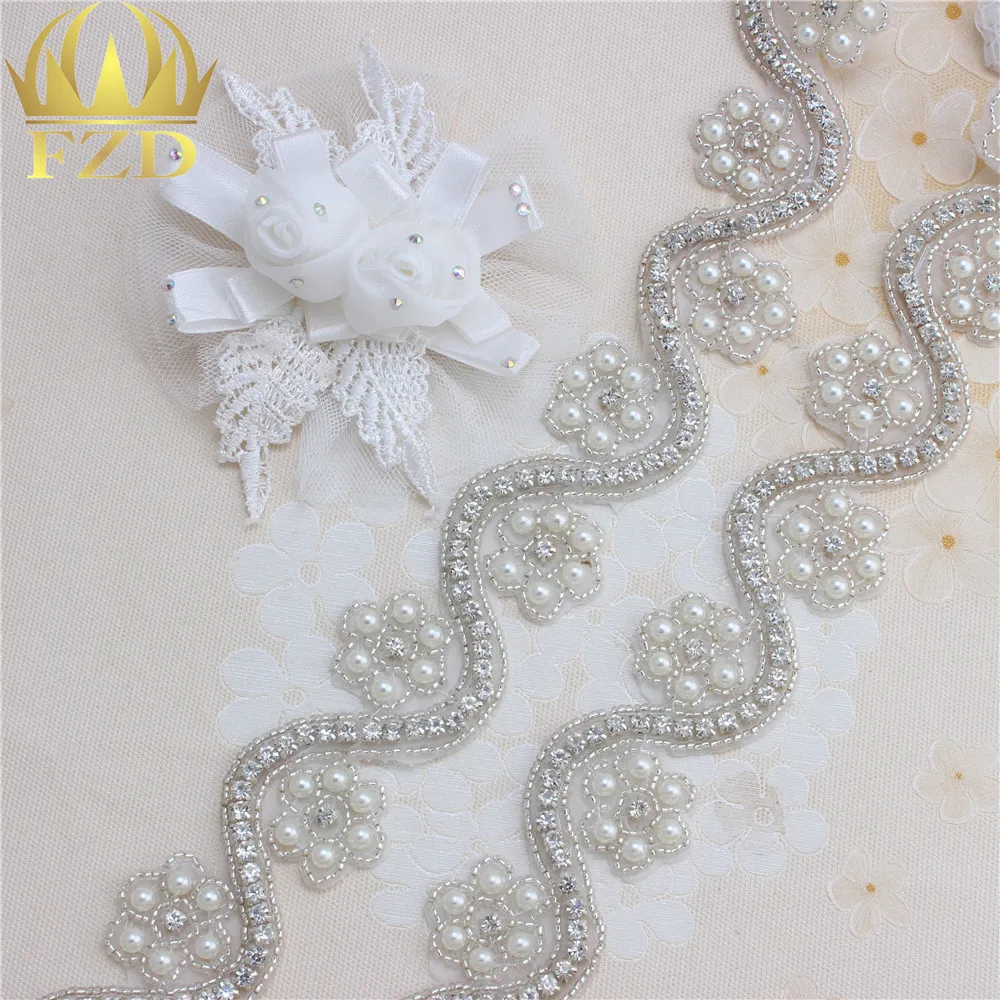 1 Yard Shiny Rhinestone Pearls Appliques Chain Yard Iron On Beaded