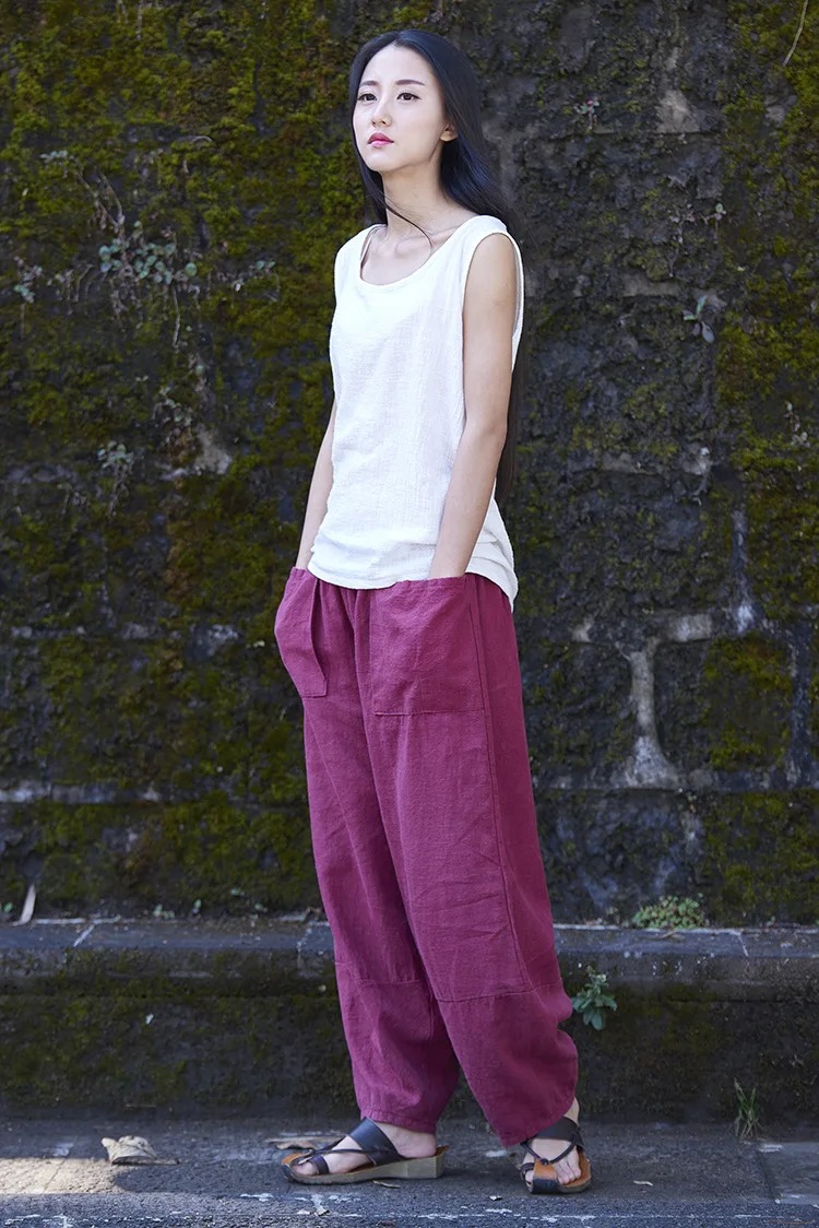 LZJN Baggy Pantalon Women Loose Ankle length Pants Linen Wide Leg Ladies Casual Sand Wash Summer Cool Baggy Trousers with Pocket (33)