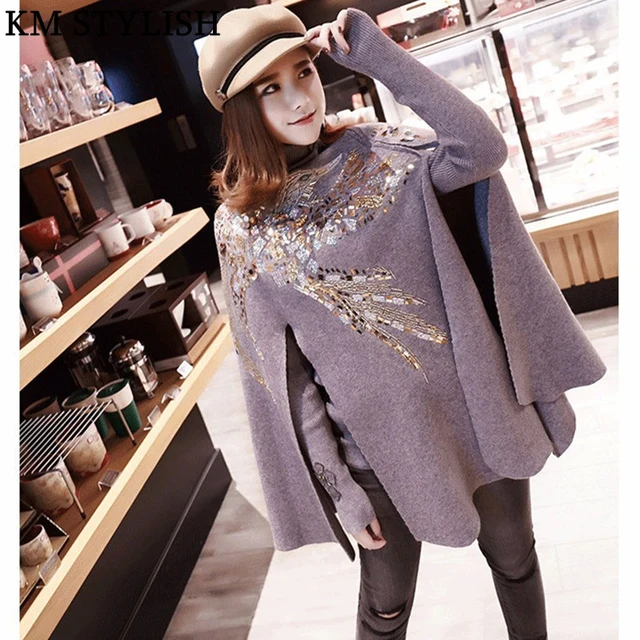 Disc 2018 Fall Winter New Bird Eagle Pattern Handmade Sequin Embroidered Knit Cloak Shawl Black Grey Jacket