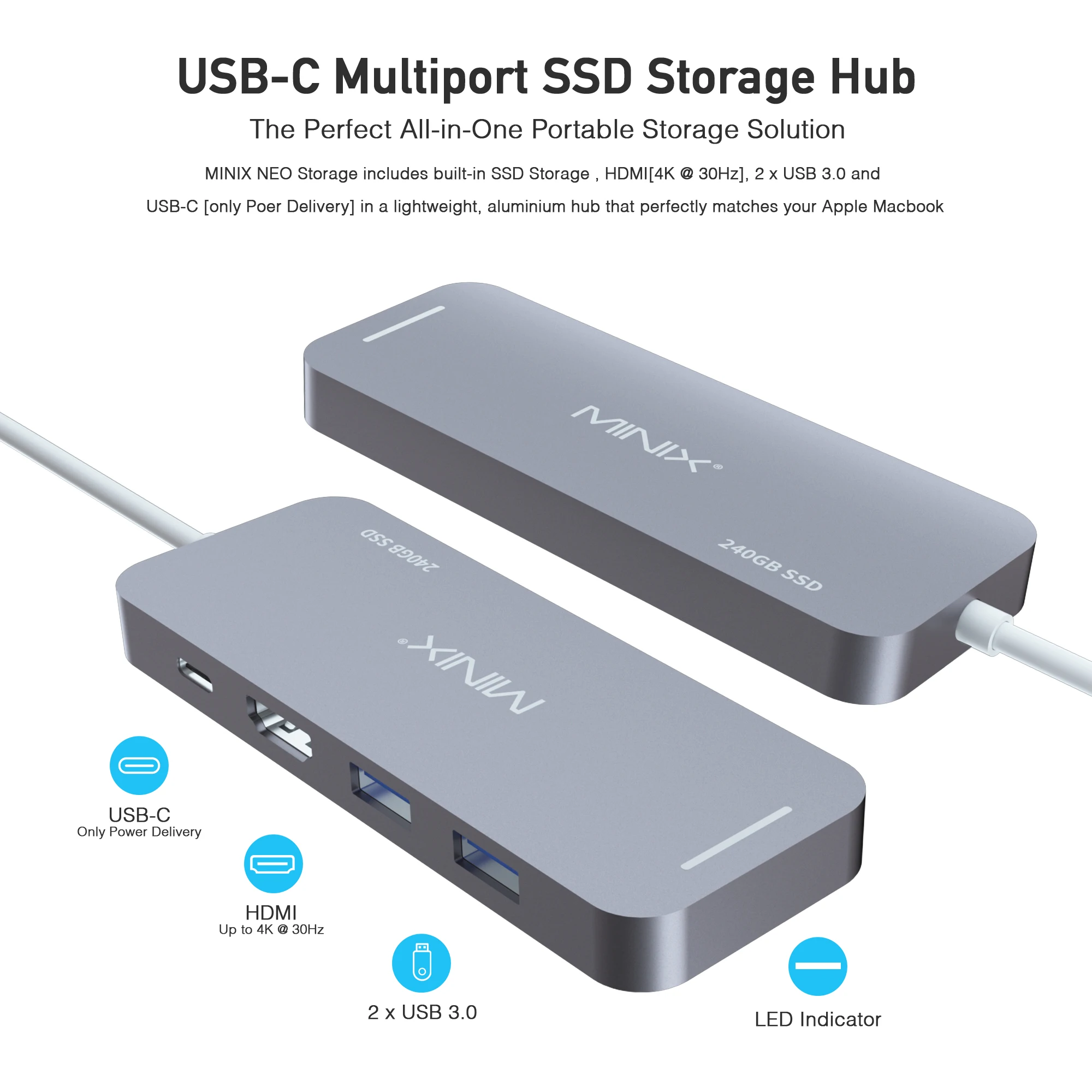 MINIX NEO C-S2 USB Hub USB-C multipuerto SSD almacenamiento tipo C Hub HDMI USB 30 120G/240G transf