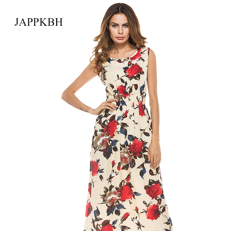 

JAPPKBH Long Summer Women Dress Vintage Elegant Print Floral Sleeveless Dresses New Casual Boho Beach Party Dress Women Vestidos