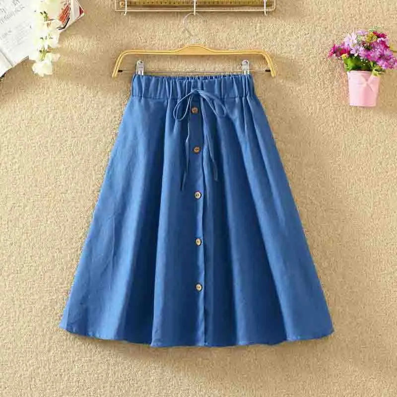 Women Skirt Vintage Retro High Waist Pleated Midi Skirt Denim Single Breasted Skirts Womens