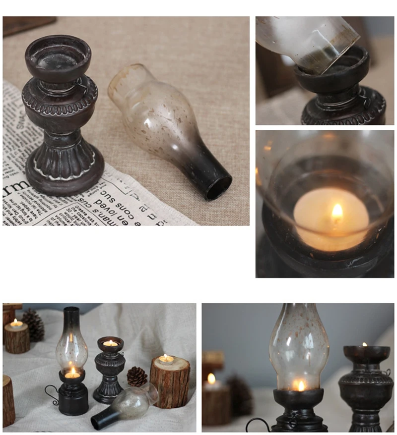 Creative Resin Crafts Dinner Candle Holders Home Decoration Accessories Retro Glass Cover Lantern Candlesticks Ornaments Modern