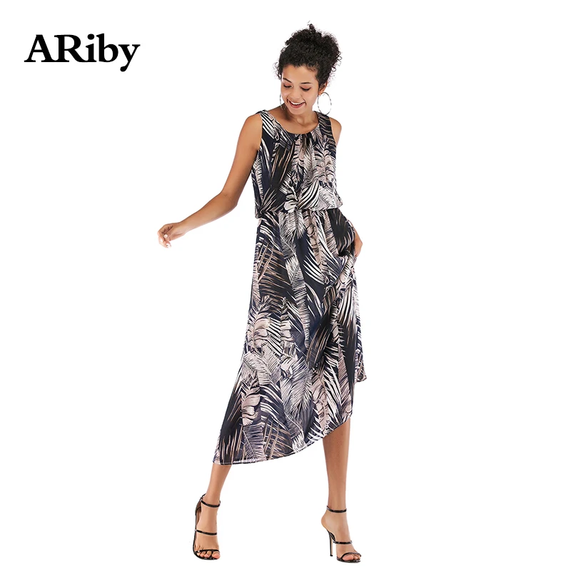 Summer Dress Women Round Collar Maxi Dresses 2019 New Fashion Casual Ladies Printed Mid-long Slim Chiffon Sleeveless Loose Dress