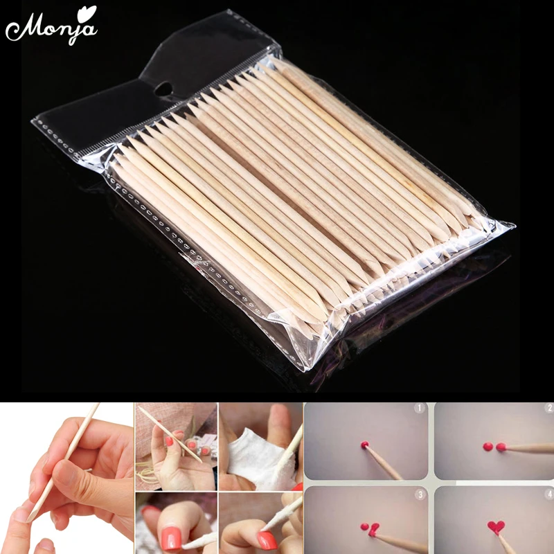 

Monja 100Pcs/Set Nail Art Dual End Rhinestone Bead Dotting Picking Wood Stick Dead Skin Remove Cuticle Edge Pusher Manicure Tool