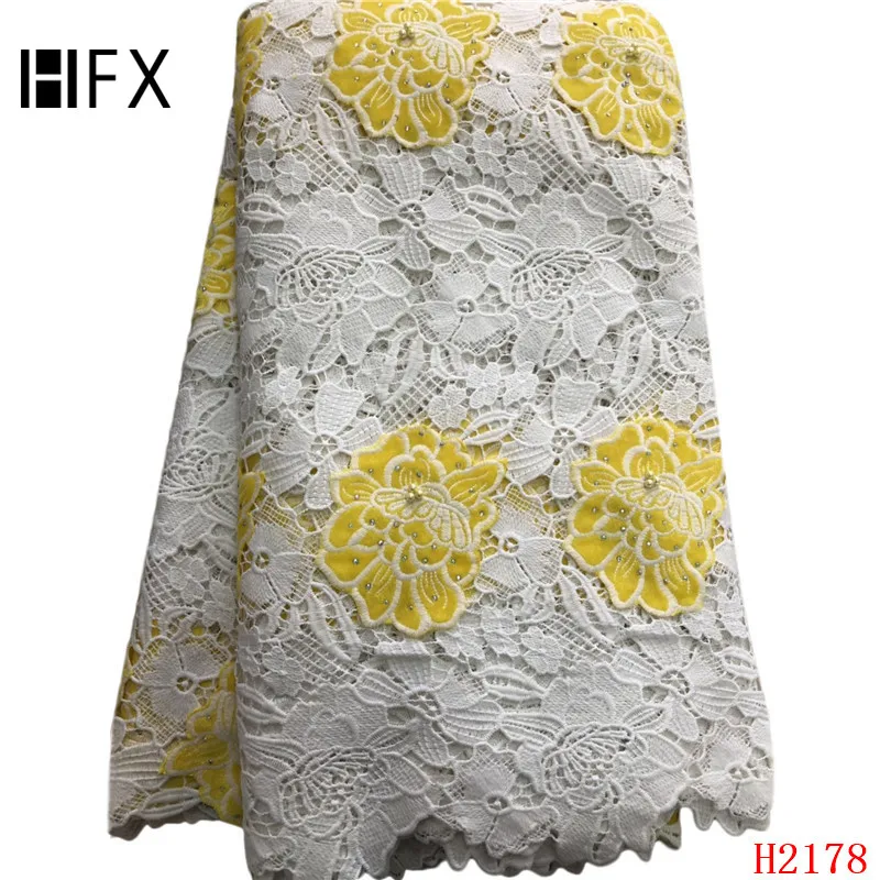

HFX Nigerian Lace Latest African Wedding Fabrics 2019 Bridal Lace Fabric Yellow High Quality Beaded Stones Guipure Laces F2178