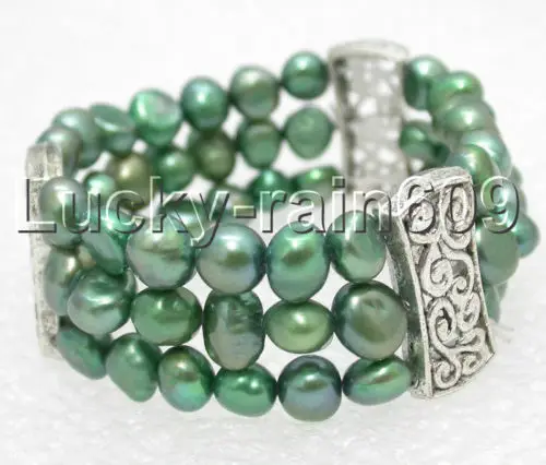 

FREE SHIPPING HOT sell new Style >>>> 3rows 9mm Baroque green pearls springy bracelet E1221