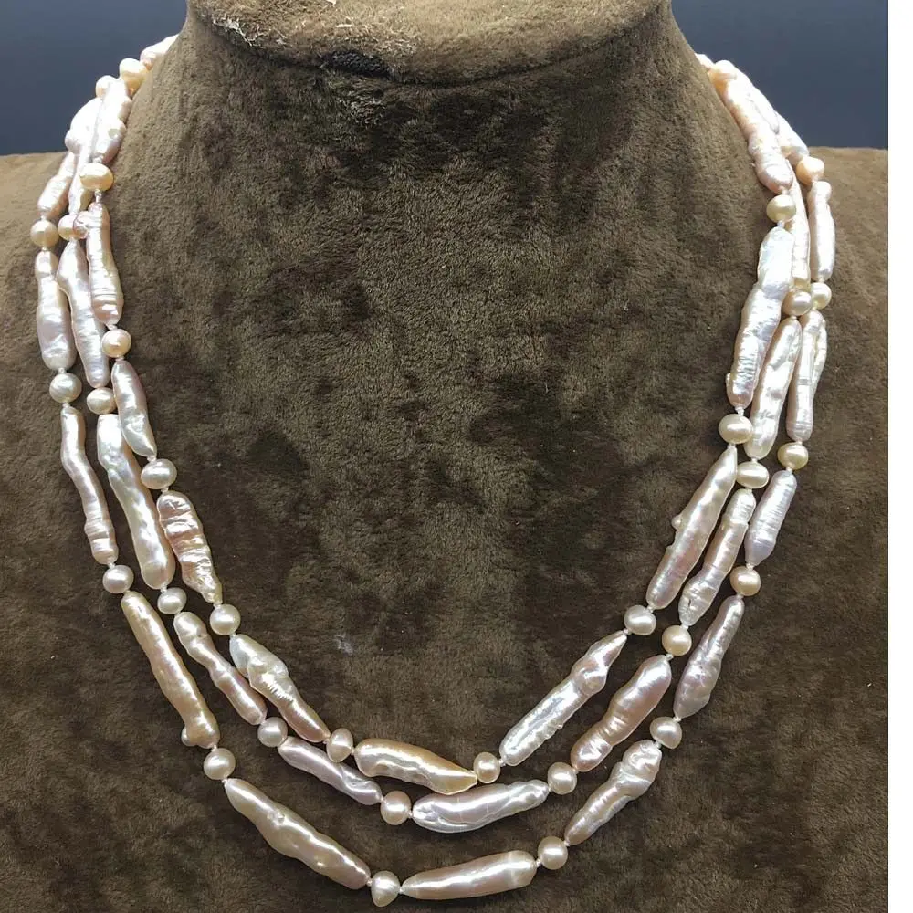

Strand Natural Pink Stick Biwa Pearl Long Beads Statement Collar Necklace