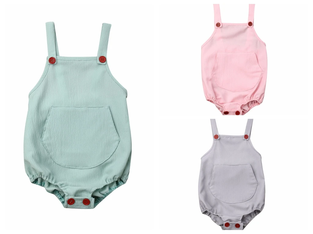 

Summer Solid Clothes Newborn Baby Boys Girls Big Pocket Bodysuit Outfits