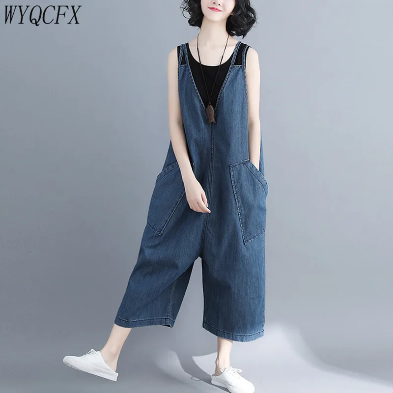 

Plus Size Rompers Womens Jumpsuit Sleeveless Overalls Blue Denim Casual Wide Leg Pants 2019 Summer Pockets Jeans Solid Playsuits