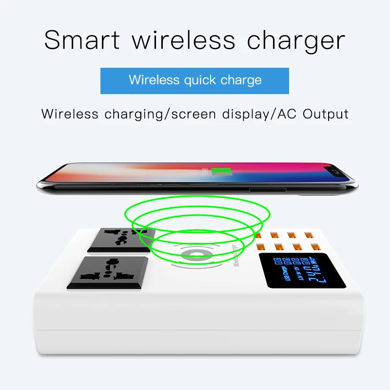 WENHAO Cda10W многопортовая usb-зарядная док-станция с 8 usb-портами для зарядки и двумя розетки постоянного тока для поддержки быстрой беспроводной зарядки(ЕС