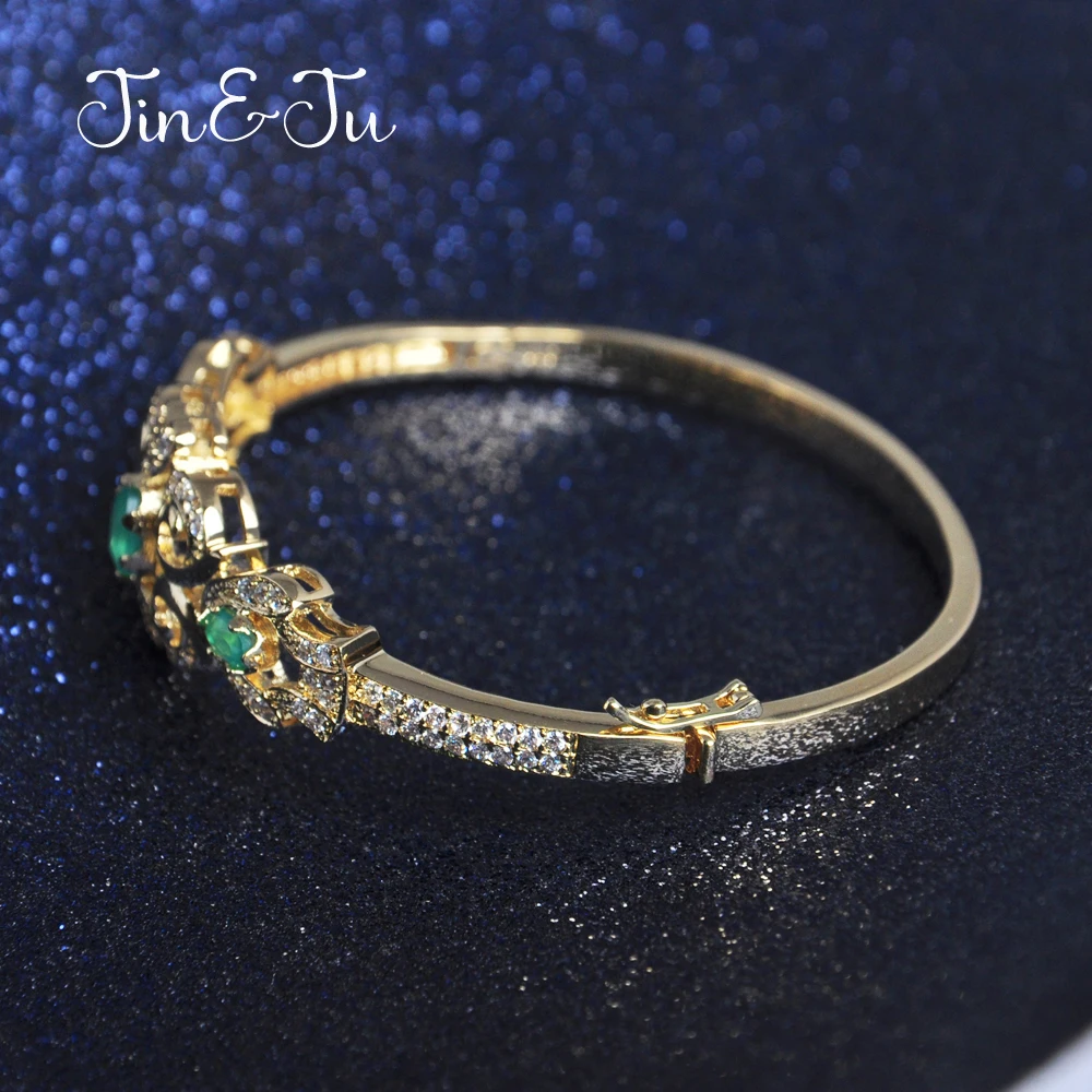 Женский браслет из ротанга и фианита JIN & JU зеленый золотой в винтажном стиле с