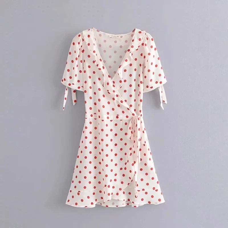 Женское платье в горошек Boho винтажное красное пляжное с коротким рукавом