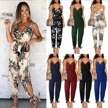 

2019 Summer Women Casual Sleeveless V- Neck Jumpsuits Fashion Ladies Flower Print Bodysuit Wide Leg Pants Long Trousers