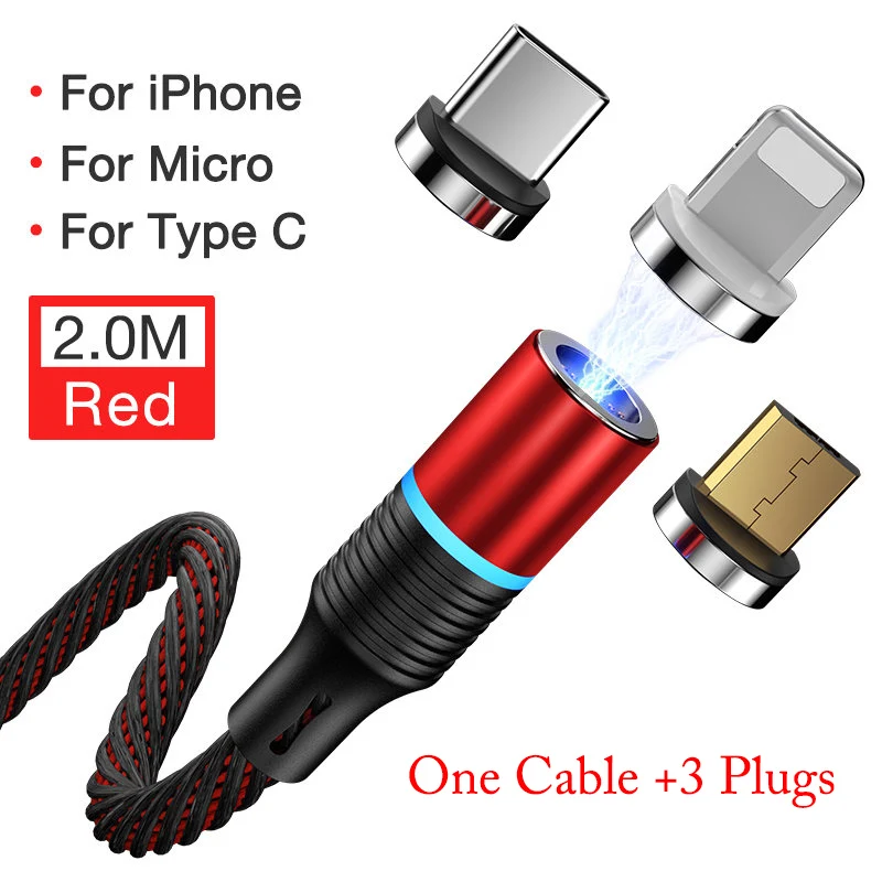 Cafele Магнитный USB кабель светодиодный для быстрой зарядки для ios type C Micro зарядный провод USB C Магнитный зарядный кабель для мобильного телефона Синхронизация данных - Цвет: 2M Red