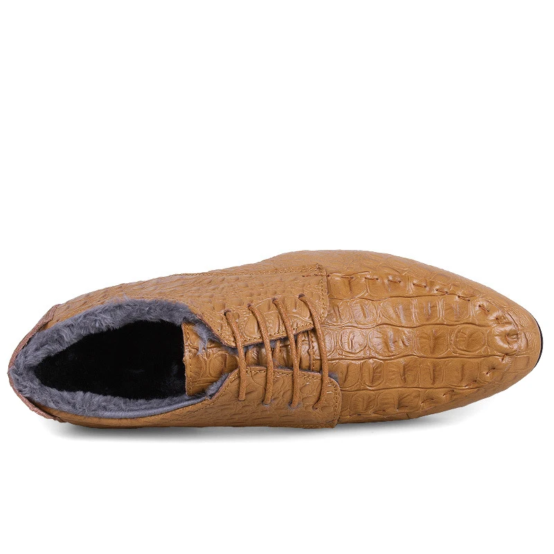 Зимняя мужская деловая обувь на плоской подошве, Мужские модельные туфли из натуральной кожи, Теплая мужская обувь с острым носком и узором «крокодиловая кожа», официальная Мужская обувь размера плюс 36-50