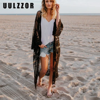 

UULZZOR Bohemian Solid Kimono Coat Women Beach Loose Boho Lace Transparent Long Kimono Coats Female boho beach wear summer 2019