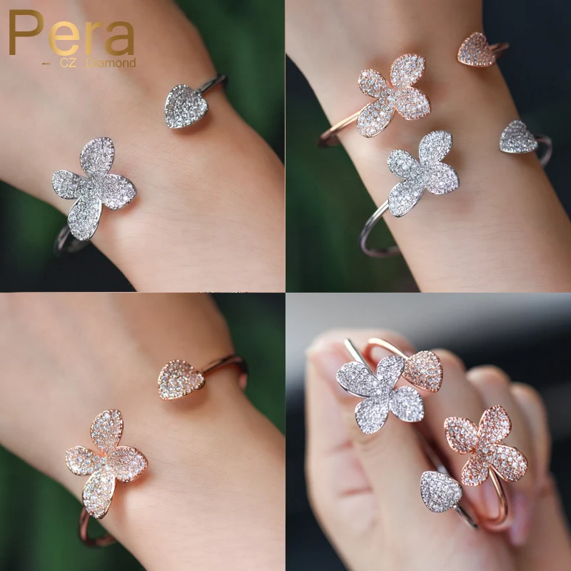 

Pera High Quality Sparkling AAA+ Cubic Zirconia Adjustable Size Big Flower Shape Bangle & Bracelet For Women Party Jewelry Z002