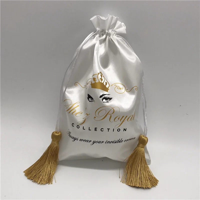 

Satin Drawstring Bag Silk Cloth Pouch Jewelry/Package/Cosmetic/Gift/Wedding/Party/Wig/Hair Bundles Sachet Tassel Custom Logo 50p