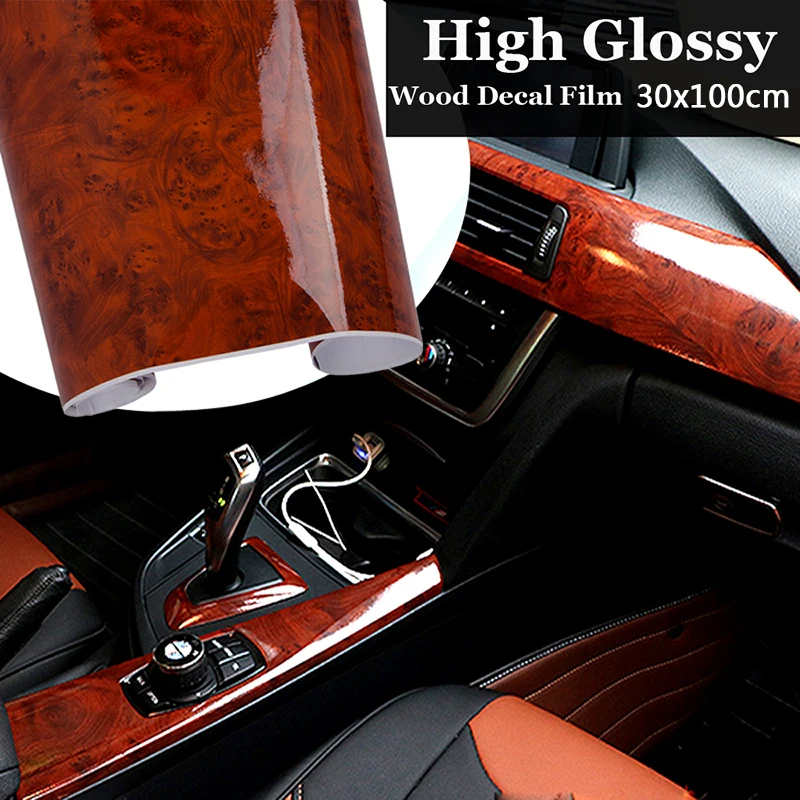  30*100cm High Glossy Wood Grain Vinyl Sticker Decal Car Internal Self Adhesive DIY Film