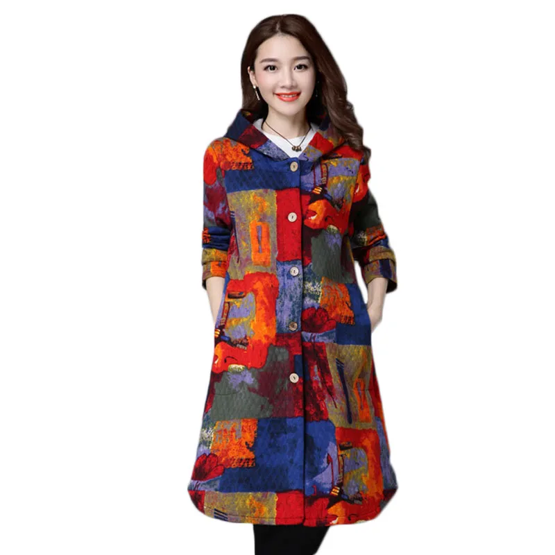 2017 Autumn And Winter Women Coat Loose Large Thin Style Art Printing Hooded Three Color Long