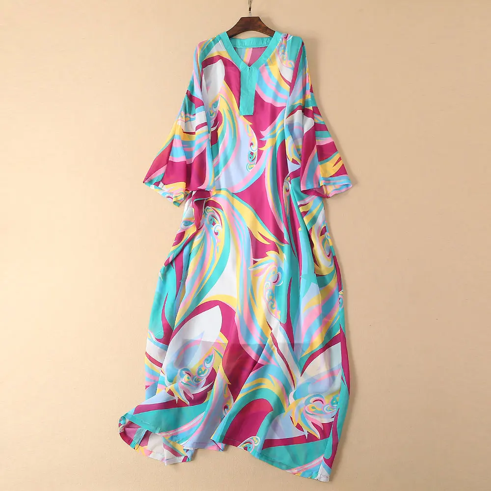 

S-5XL Red RoosaRosee 2019 Summer Runway Print Sexy V Neck Long Batwing Sleeve Boho Dress Women Elegant Maxi Vestidos Robe Femme