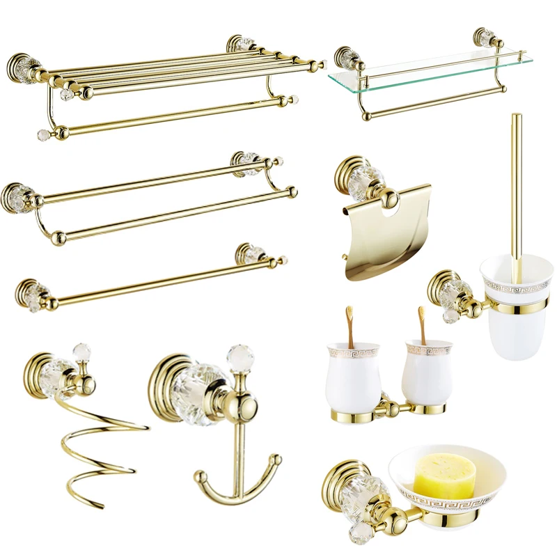 Günstig Solide Messing Bad Hardware Sets Gold Poliert Badezimmer Zubehör Wand Montiert Kristall Bad Produkte