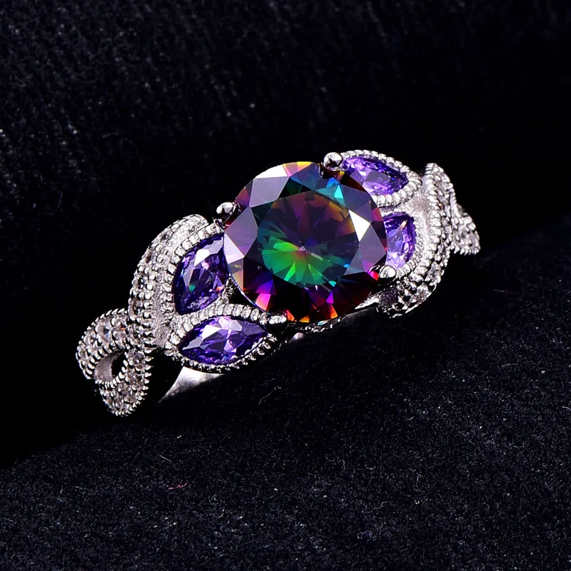BONLAVIE 925 стерлингового серебра мистические радужные топазовые кольца с сапфировым акцентом камень Модный дизайн обручальное кольцо