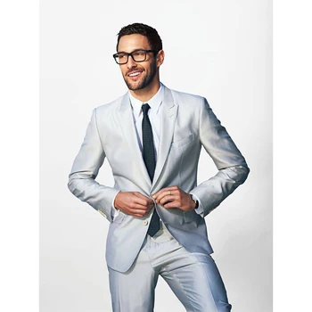 

Sliver Men Suits tuxedo jacket men Custom Made Dress groom men suit 2017 Slim Fit Wedding Grooms Peak Lapel Jacket+Pants+Tie