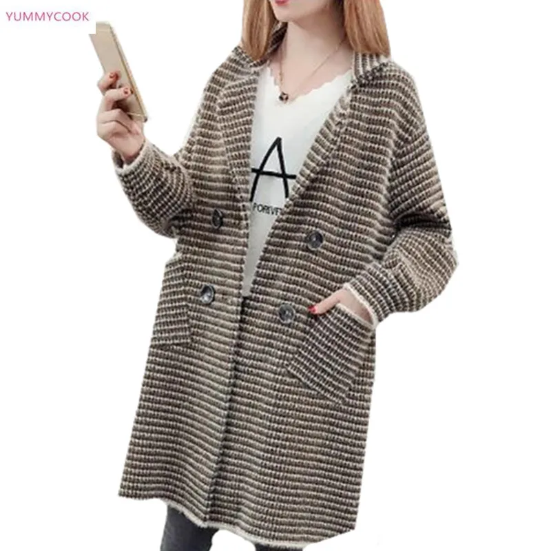 

Autumn sweater coat female medium long knit cardigan Large size coat winter double-breasted loose warm striped sweater coat 83
