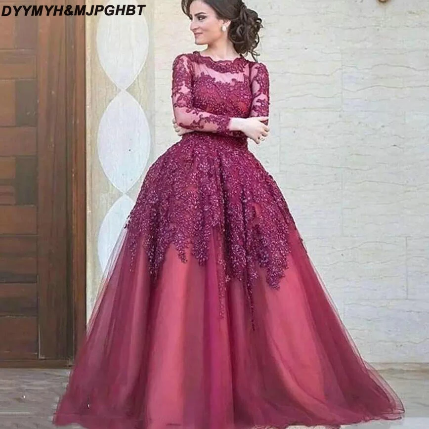 Vestido largo de fiesta de quinceañera, manga larga, con Apliques de encaje, cuello de Joya, 15 de quinceañera| - AliExpress