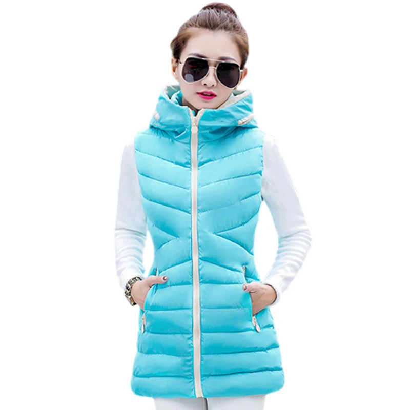 Plus Size L 2XL Winter 2016 New Vests Of Women Long Vest Patchwork Zipper Hooded Outerwear Vest
