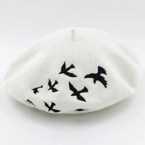 Принцесса Милая Лолита креативный беретик с вышивкой птицы осенне-зимняя шапка S-3 - Цвет: Белый