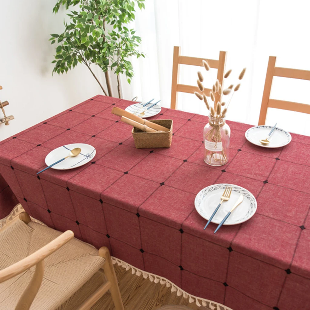  Dot Plaid Decorative Table Cloth Tassels Dinner Table Cover Party Wedding Home Kitchen Rectangular 