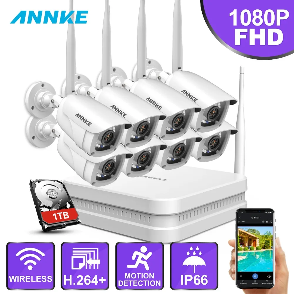 ANNKE 1080P FHD 8CH 8 шт. Беспроводной WI-FI NVR комплект IP66 Крытый Открытый ИК H.264 приложение безопасности Камера WI-FI CCTV Системы наблюдения