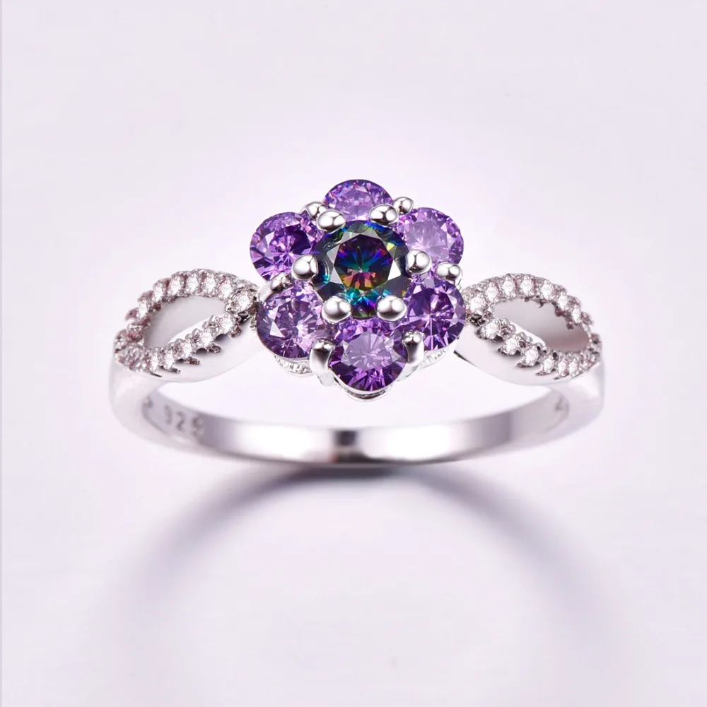 Lingmei дропшиппинг цветок ювелирные изделия Прекрасный многоцветный& Фиолетовый& Зеленый Циркон Серебро 925 кольцо Размер 6 7 8 9 свадебный подарок