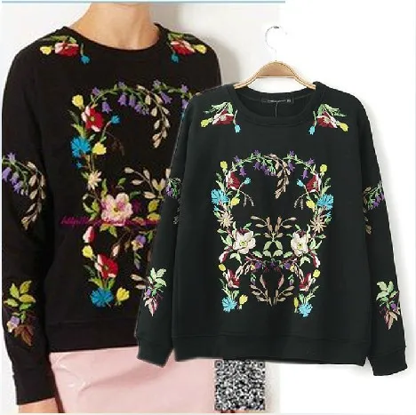 Winter exquisite floral embroidered flowers spread black lady pullover sweater | Женская одежда