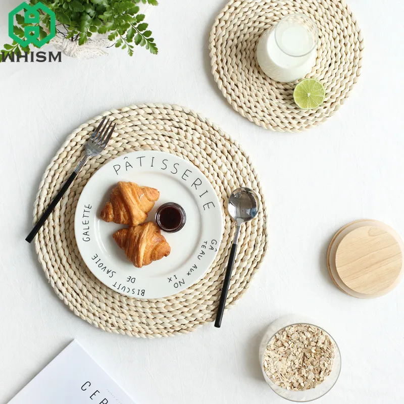 WHISM اليدوية طاولة من الراتان حصيرة عدم الانزلاق تحديد الموقع الشاي القهوة كوب الوقايات المشروبات وعاء إبريق الشاي سادة وسادة اكسسوارات المط...