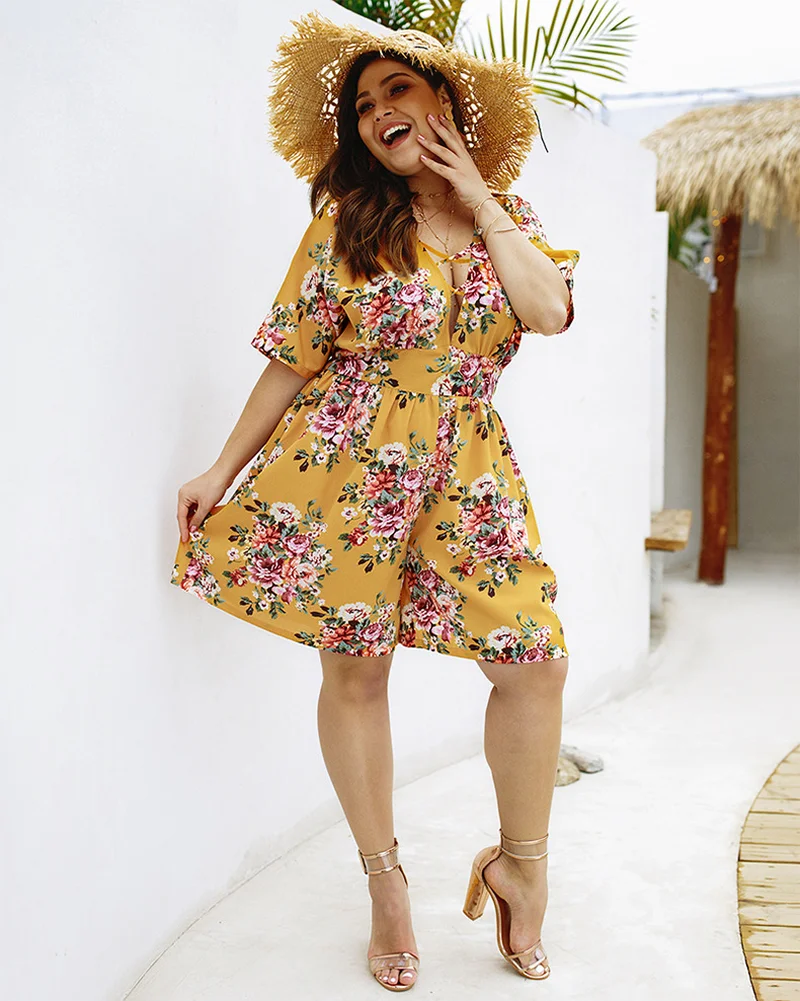 Original Design 2019 New Women's Print Sexy V-neck Long-sleeved Women's Jumpsuit Solid Color Short Sleeve 0532