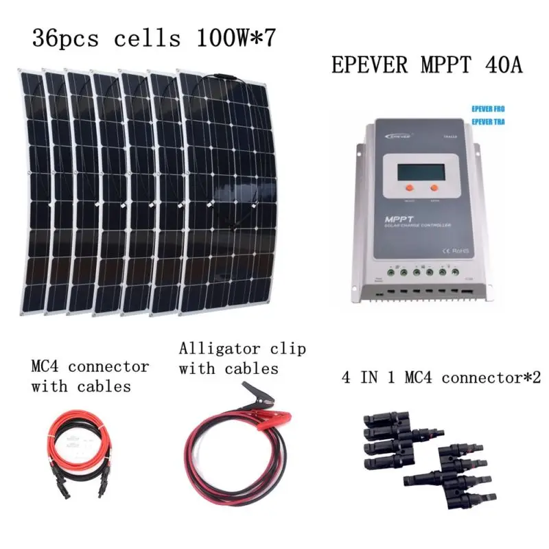 

7*100W Flexible Solar Panels Module+EPEVER MPPT 40A Solar Charge Controller with Extended Cables Houseuse 700W Solar System