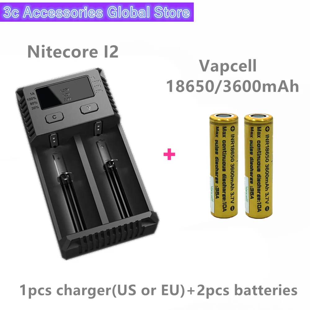 Vapcell 2 шт. INR 18650 3600 мАч 35A литий-ионный перезаряжаемые батарея с Nitecore Новый I2 Digi зарядное устройство ЖК-дисплей Intelligent для дым E-CIG