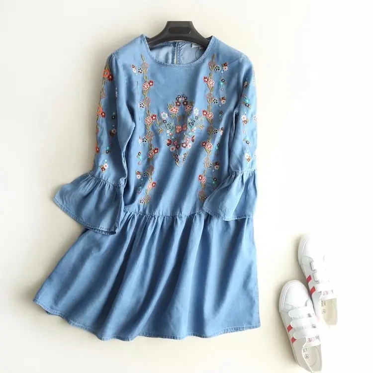 Джинсы платье с вышивкой женские летние новые Винтаж Тенсел платье из джинсовой ткани женские Повседневное синий Мини-платья для девочки
